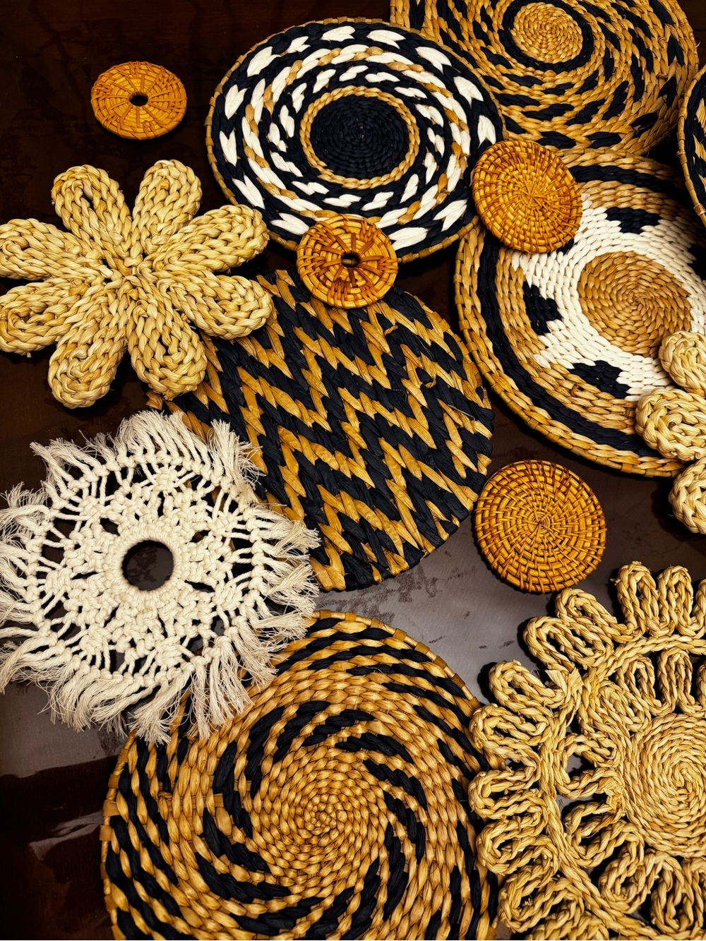 Handmade Woven Coasters and Trivets Set - Natural, Black, and White